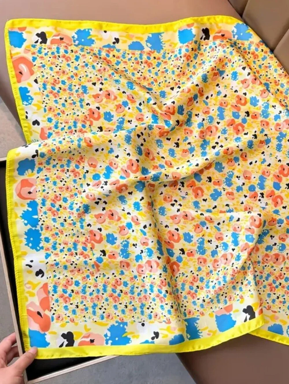 Silk-feel  Floral Yellow Women's Neck Scarf , Head Scarf